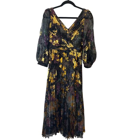 Marchesa Notte Foiled Floral Chiffon Gown Black Gold Metallic Long Sleeve Size 2 - Picture 2 of 11